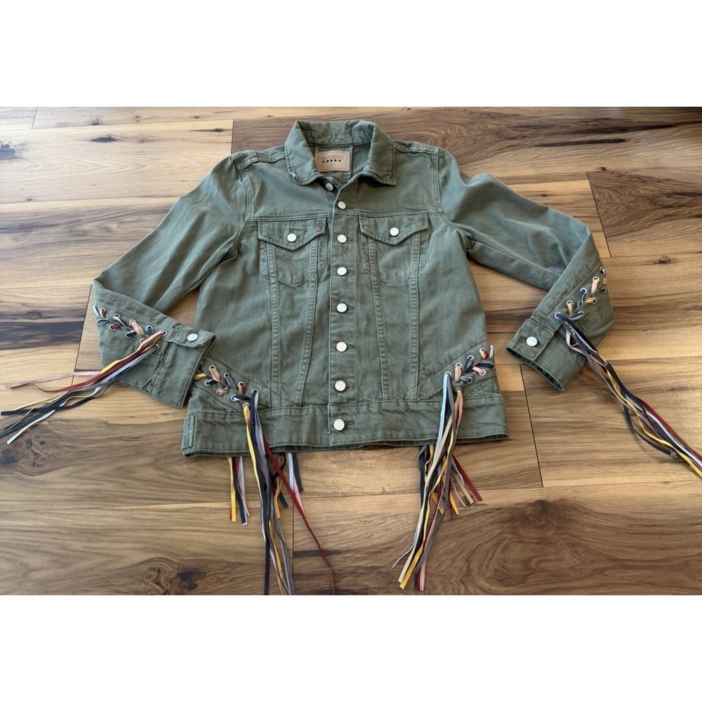BLANKNYC Olive Denim Jacket Womens S Lace Up Colorful Fringe Western Festival
